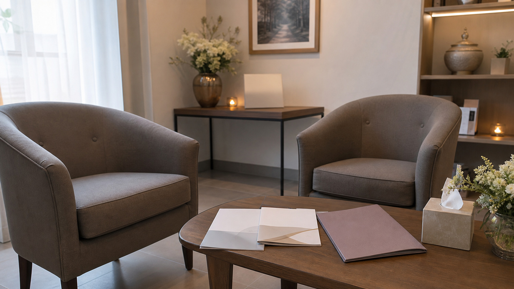 Salon d'agence funéraire avec fauteuils, documents et lumière douce