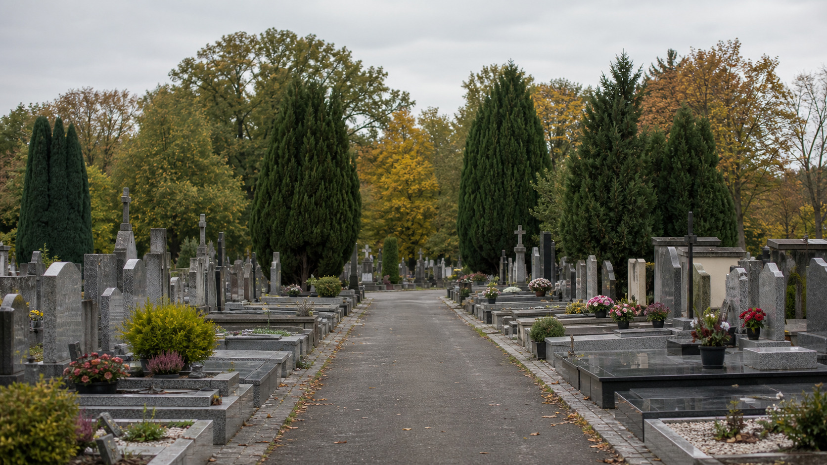 Allée de cimetière avec concessions et arbres en arrière-plan