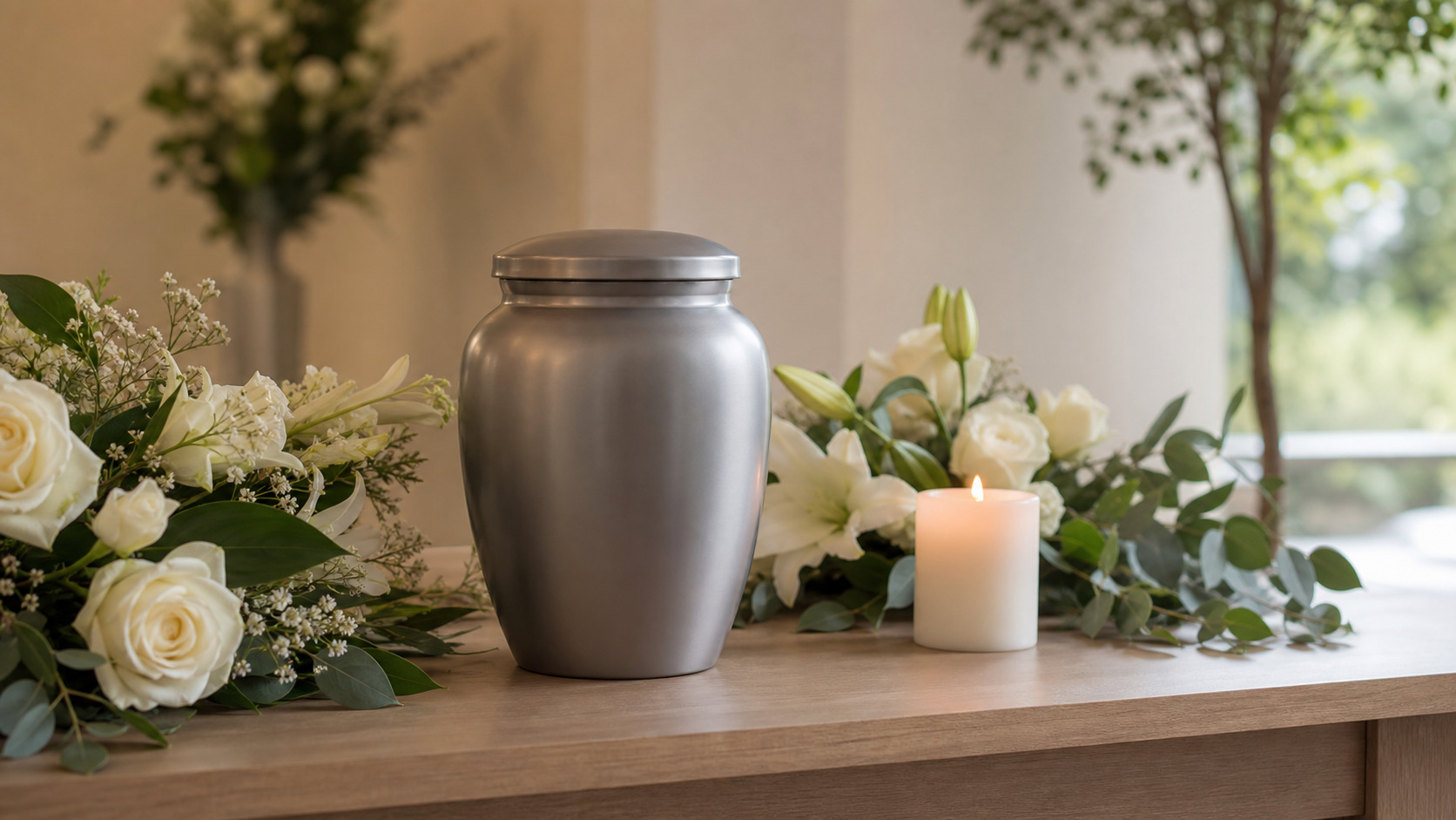 Urne funéraire posée sur une table de cérémonie avec fleurs sobres